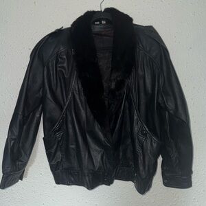 Vintage Rabbit Fur collar leather bomber jacket
